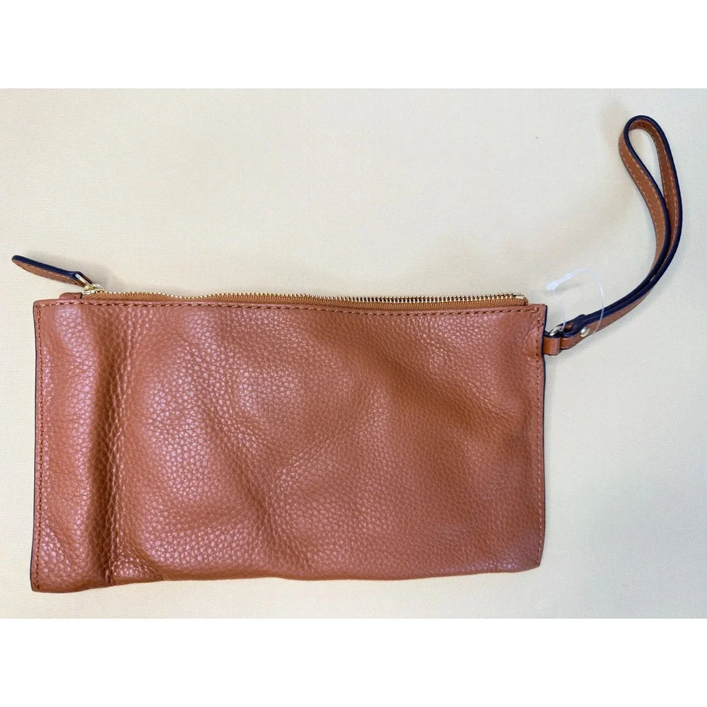 NEW Michael Kors Fulton Lg Flat Wristlet Tan Pebbled Leather Gold MK Logo Clutch